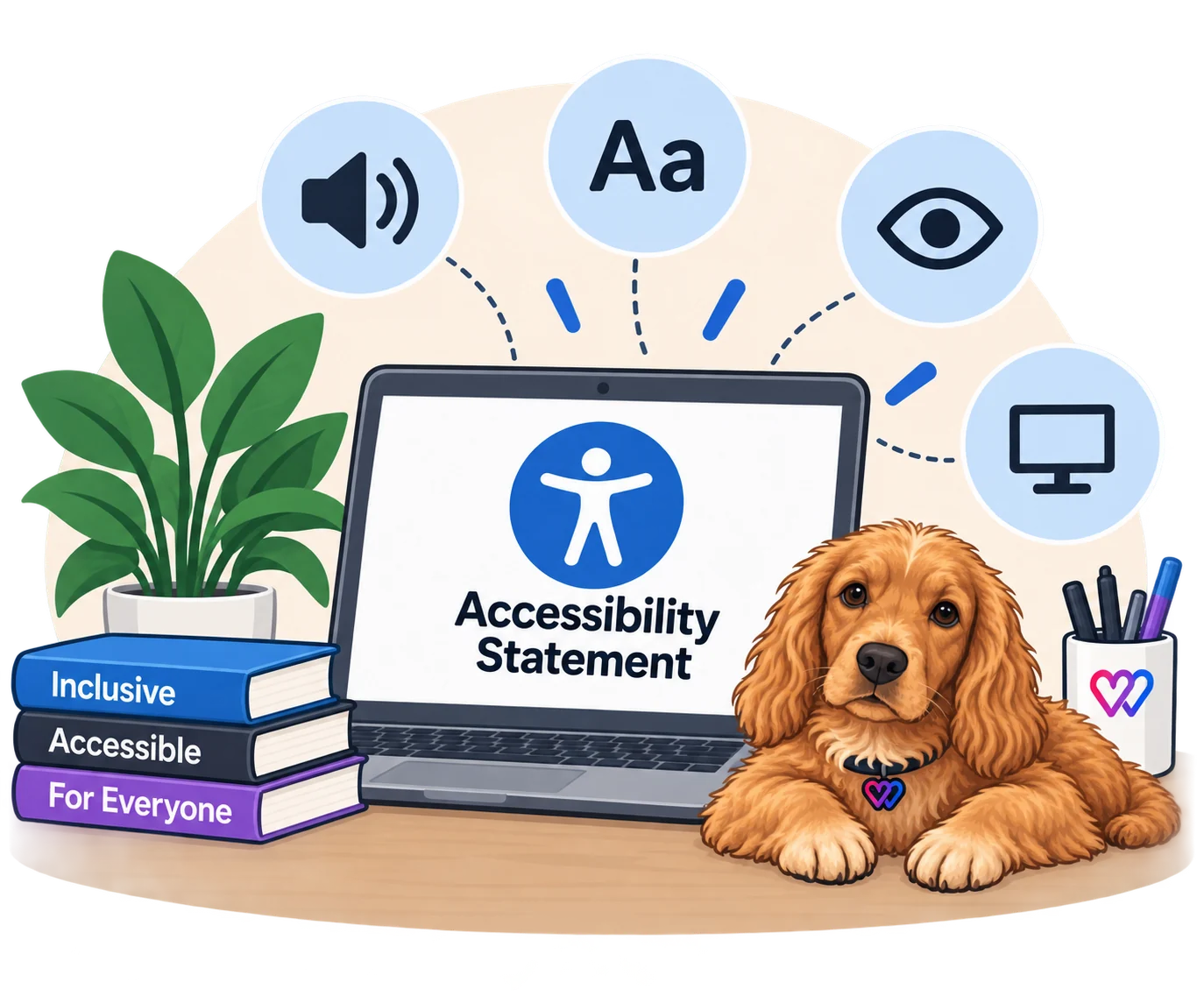 A laptop showing the accessibility symbol, ringed by sound, text size, vision and display icons, with a cocker spaniel beside it