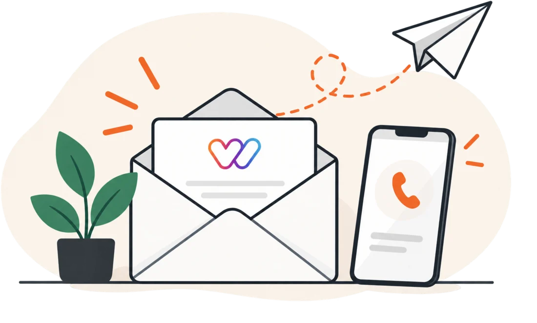 An open envelope and a phone, with a message on its way