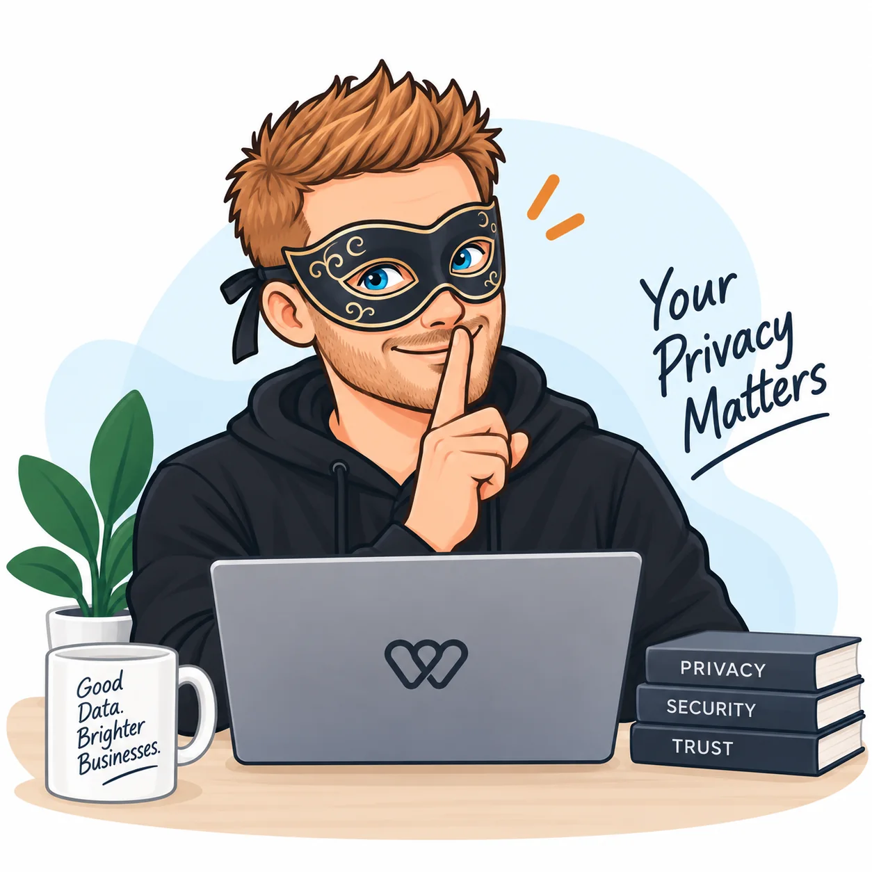 A masked figure at a laptop, finger to lips, beside books labelled privacy, security and trust