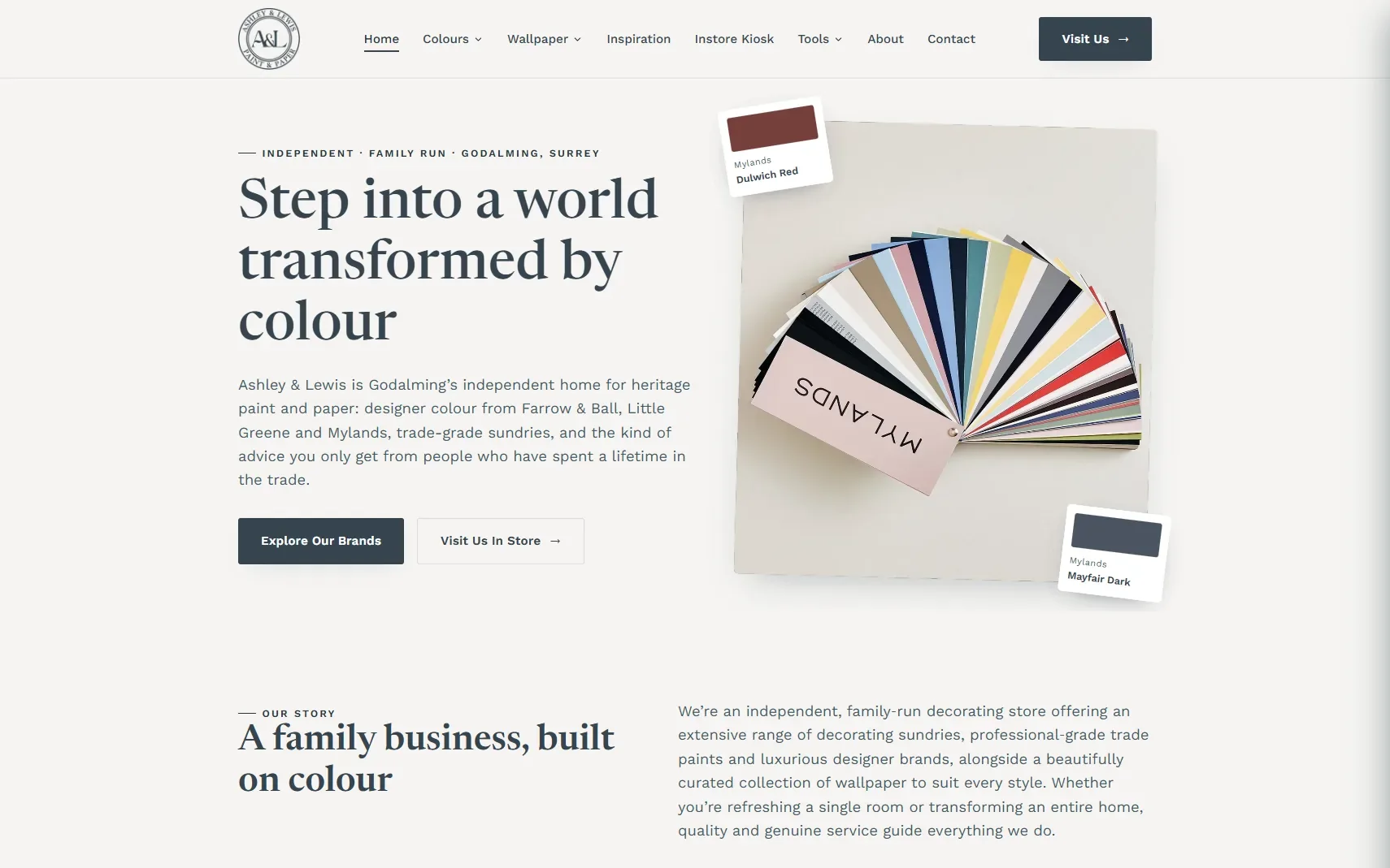 The Ashley & Lewis home page: the paint fan, the three paint houses they stock, and the colour tools