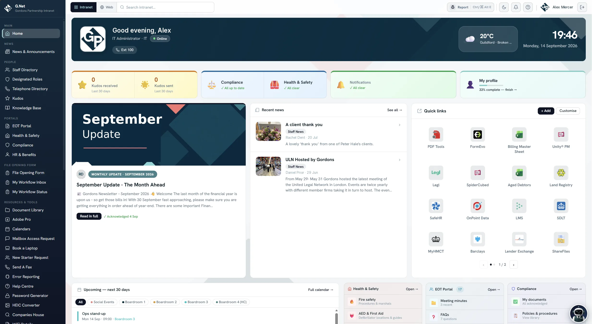 The G.Net home page: the signed-in greeting, recent news, quick links, and the boardroom calendar below