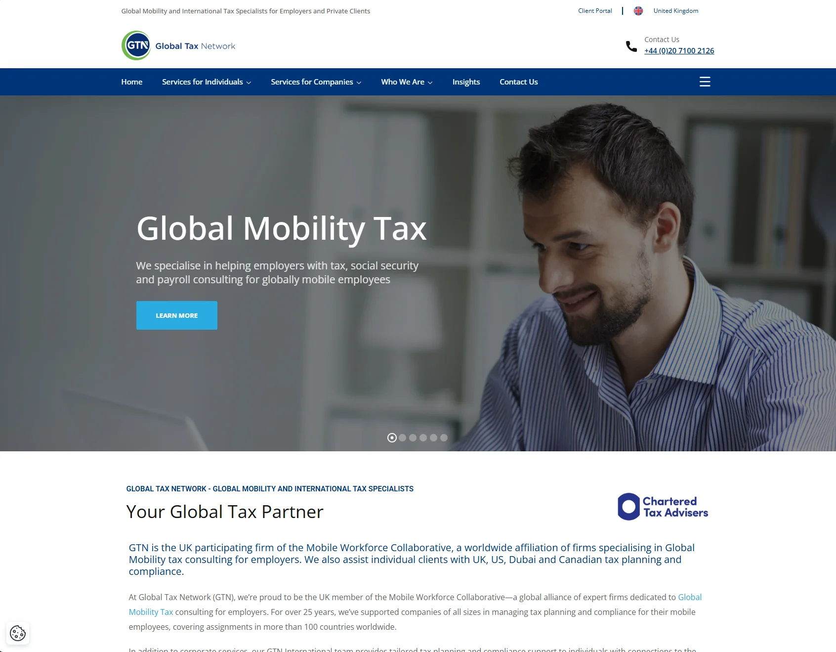 The Global Tax Network home page: the global mobility tax banner, and the introduction to the practice below it